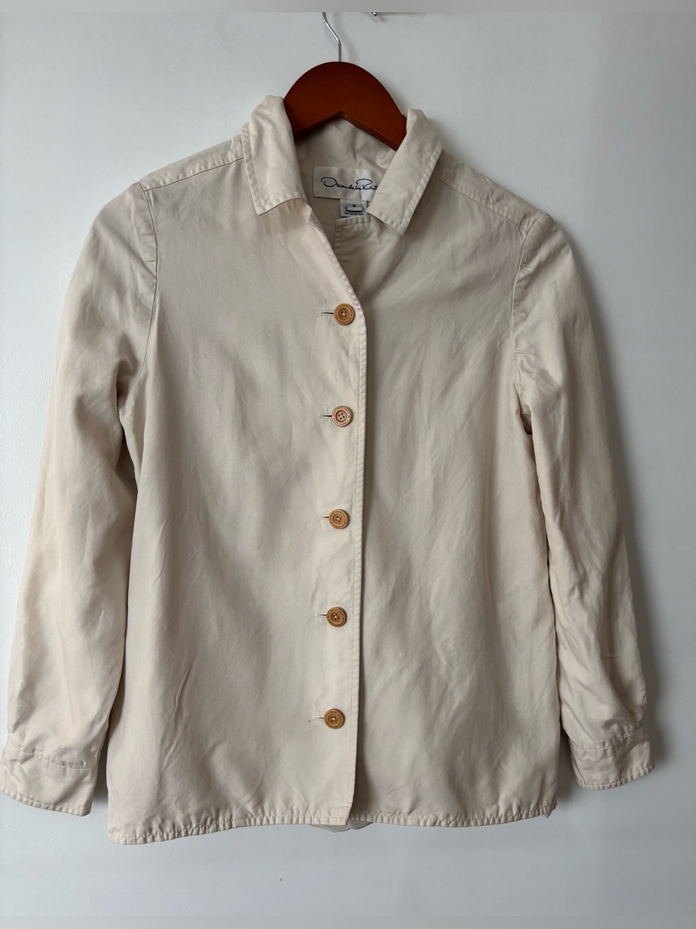 Vintage Oscar de la Renta Women Beige Button-Down Silk Shirt Jacket Size 6